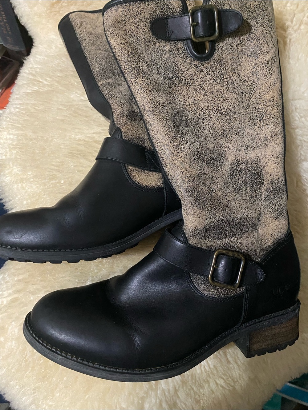 UGG Black Leather and Distressed Tan Mid-Calf Buckle Boots